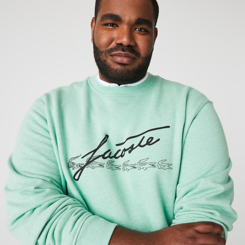 Men's Lacoste Signature Print Crew Neck Cotton Fleece Sweatshirt Green | XYU863205