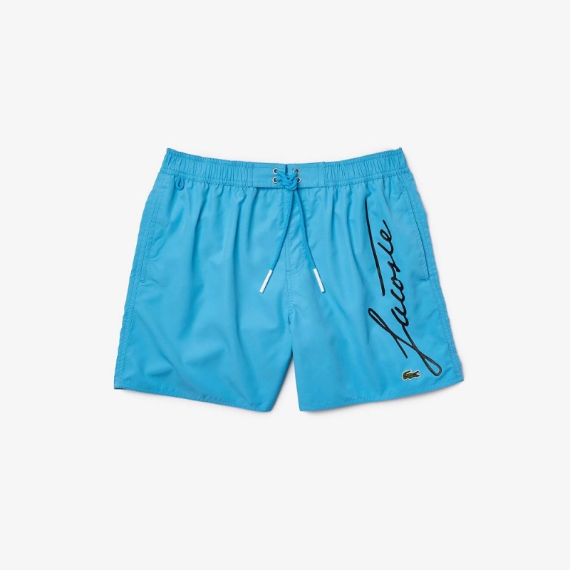 Men's Lacoste Signature Print Light Swim Trunks Blue | DTY904823