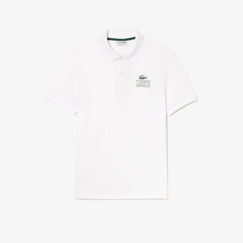 Men's Lacoste Signature Print Stretch Piqué Polo Shirts White | MWV617482