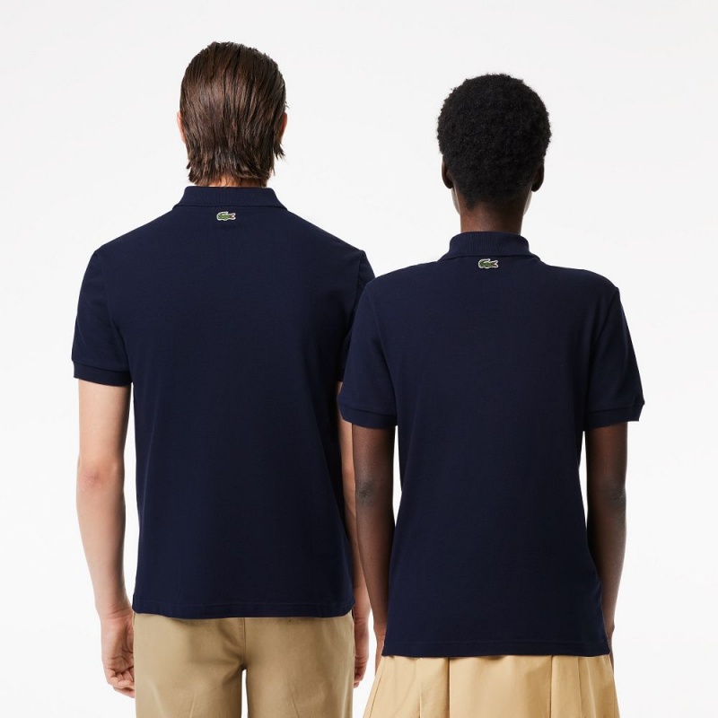 Men's Lacoste Signature Print Stretch Piqué Polo Shirts Navy Blue | JPI630475