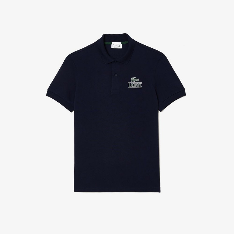 Men's Lacoste Signature Print Stretch Piqué Polo Shirts Navy Blue | JPI630475