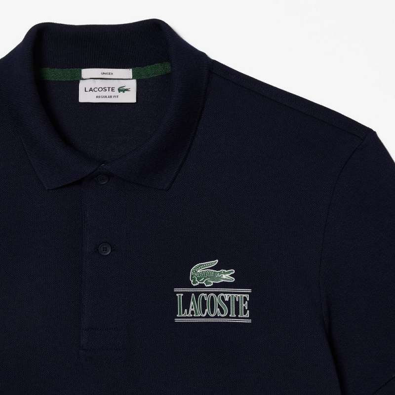 Men's Lacoste Signature Print Stretch Piqué Polo Shirts Navy Blue | JPI630475