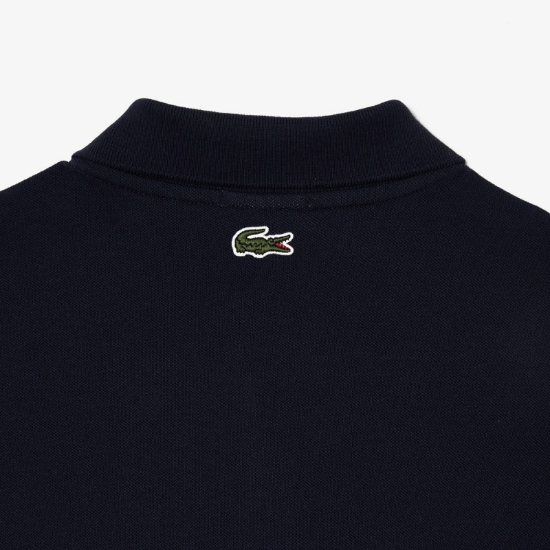 Men's Lacoste Signature Print Stretch Piqué Polo Shirts Navy Blue | JPI630475