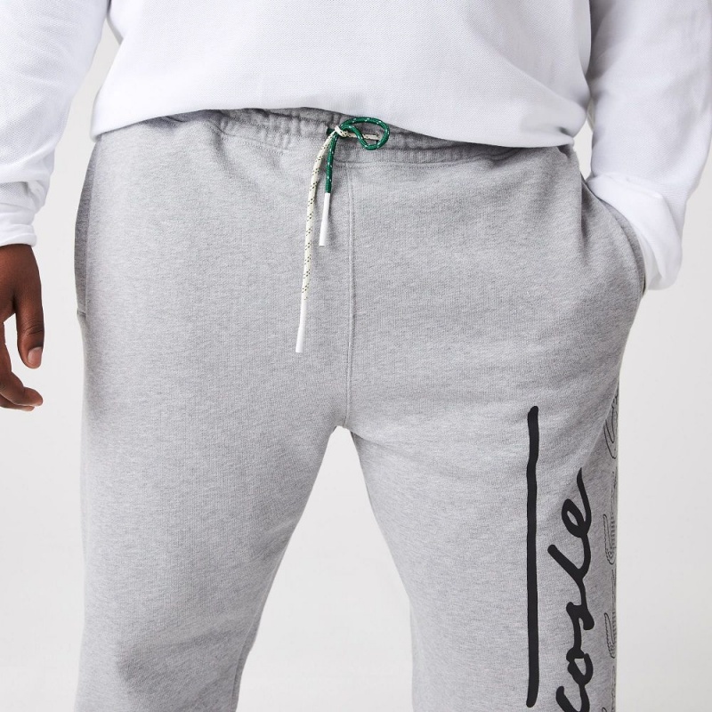 Men's Lacoste Signature & Croc Print Cotton Fleece Sweatpants Grey Chine | JMW743816