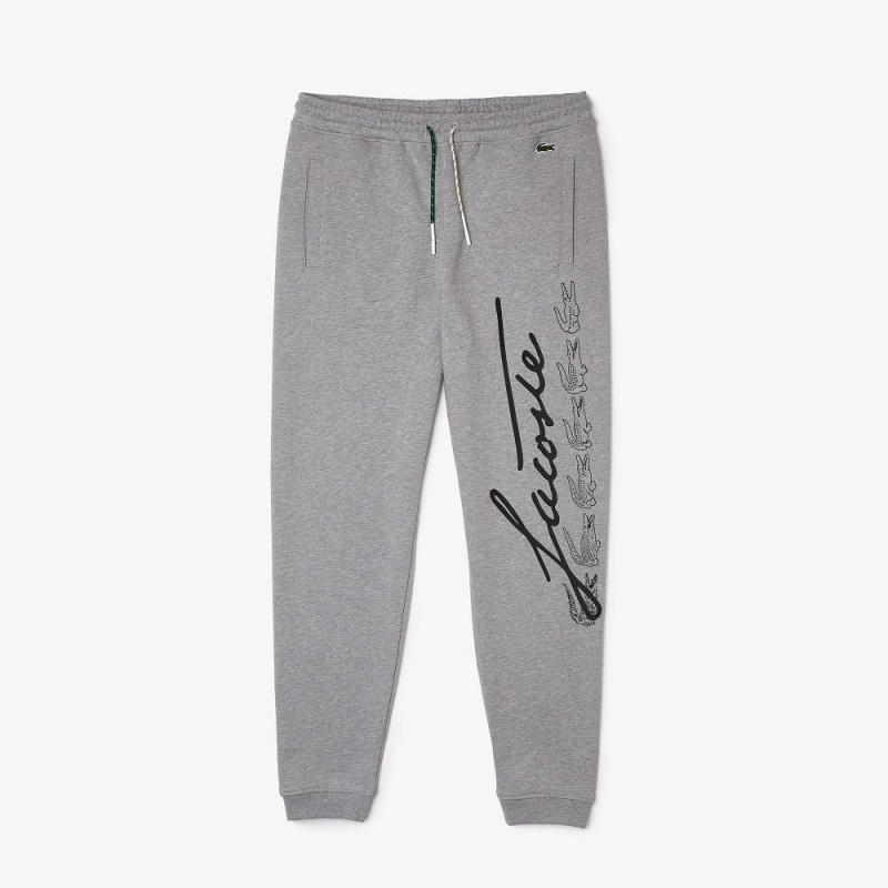 Men's Lacoste Signature & Croc Print Cotton Fleece Sweatpants Grey Chine | JMW743816