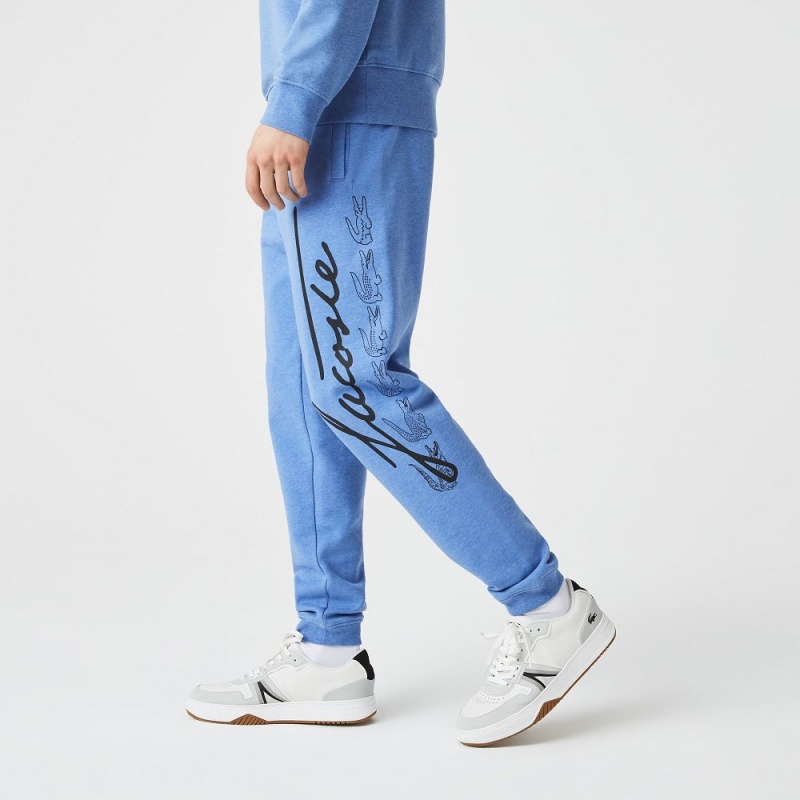 Men's Lacoste Signature & Croc Print Cotton Fleece Sweatpants Blue Chine | MNG597268