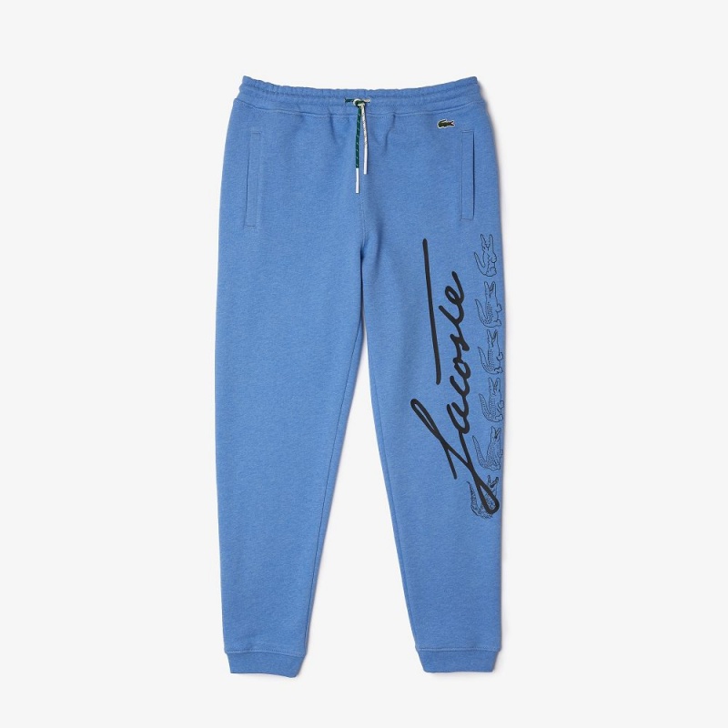 Men's Lacoste Signature & Croc Print Cotton Fleece Sweatpants Blue Chine | MNG597268