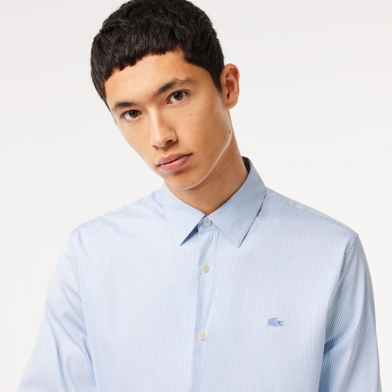 Men's Lacoste Slim Fit Check Stretch Poplin Shirt White Blue | OHC068325