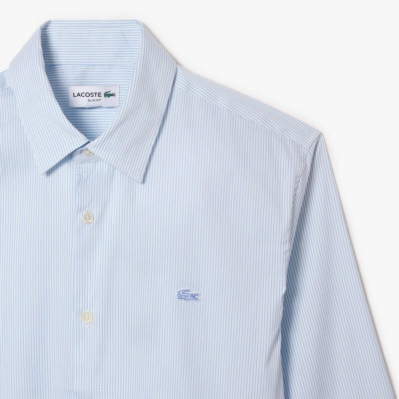 Men's Lacoste Slim Fit Check Stretch Poplin Shirt White Blue | OHC068325