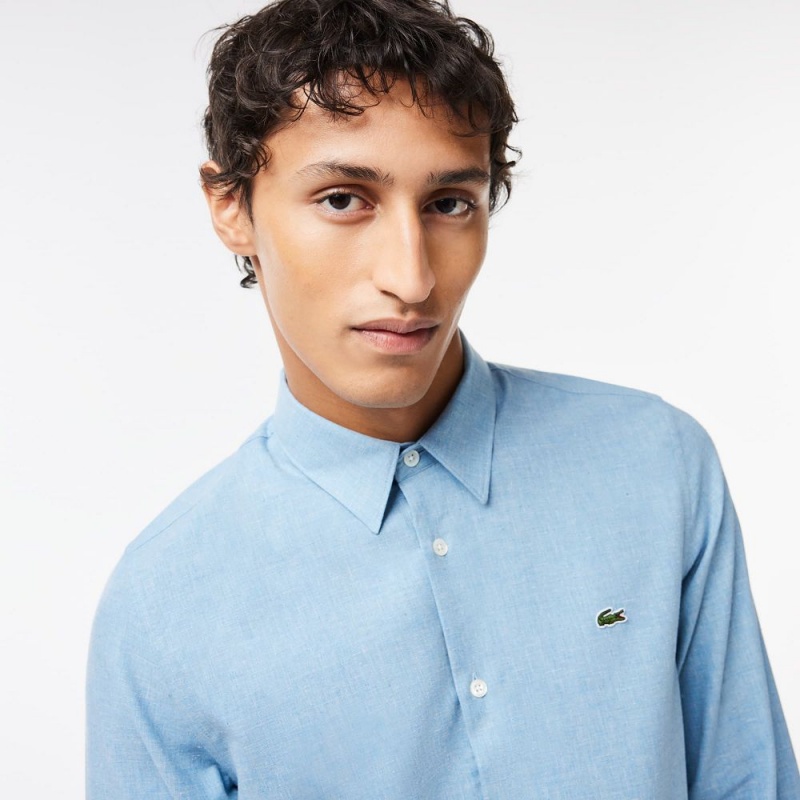 Men's Lacoste Slim Fit Cotton Chambray Shirt Blue White | YBQ769321