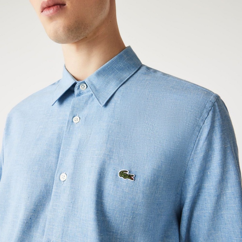 Men's Lacoste Slim Fit Cotton Chambray Shirt Blue White | YBQ769321