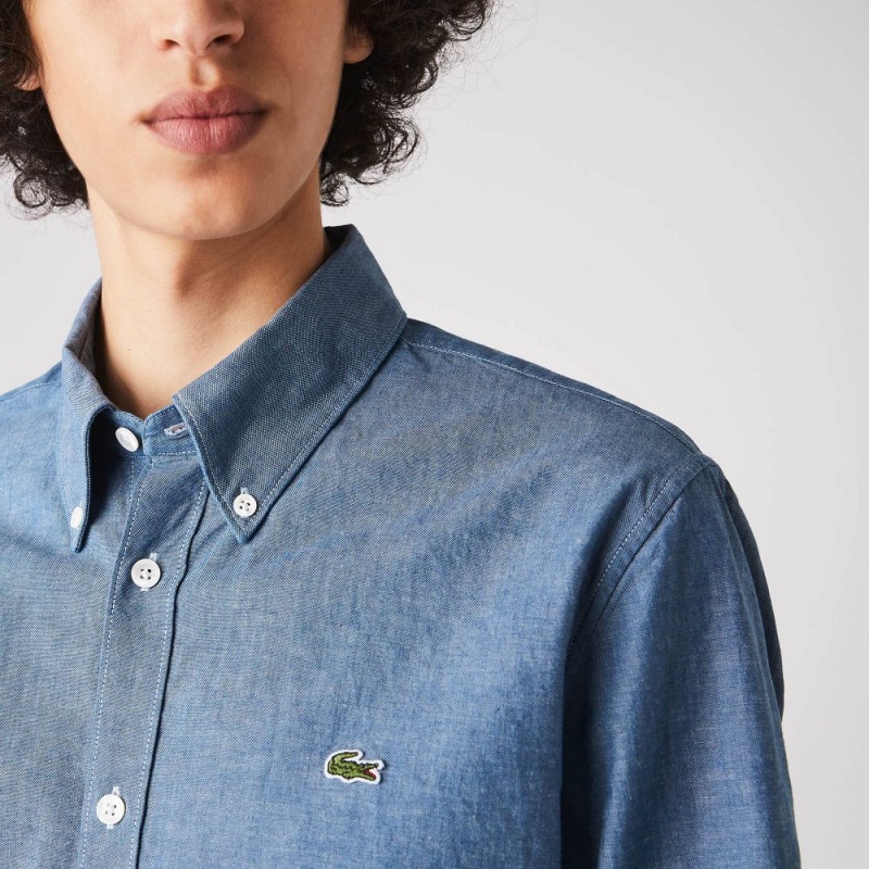 Men's Lacoste Slim Fit Cotton Chambray Shirt Blue | VFG250497