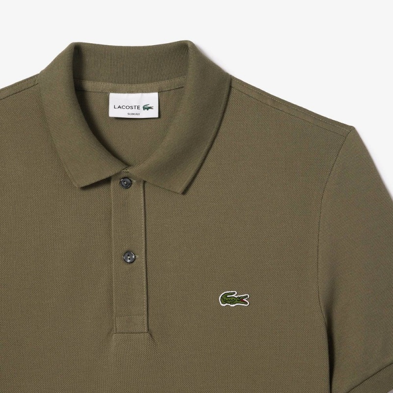 Men's Lacoste Slim Fit Petit Piqué Cotton Polo Shirts Khaki Green | QGE143675