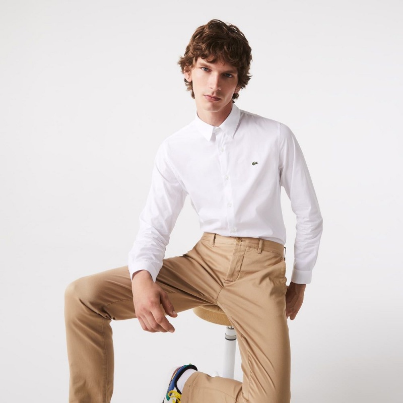 Men's Lacoste Slim Fit Stretch Cotton Poplin Shirt White | XAW084169