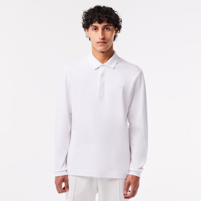 Men\'s Lacoste Smart Paris Long Sleeve Stretch Cotton Polo Shirts White | BRC345720