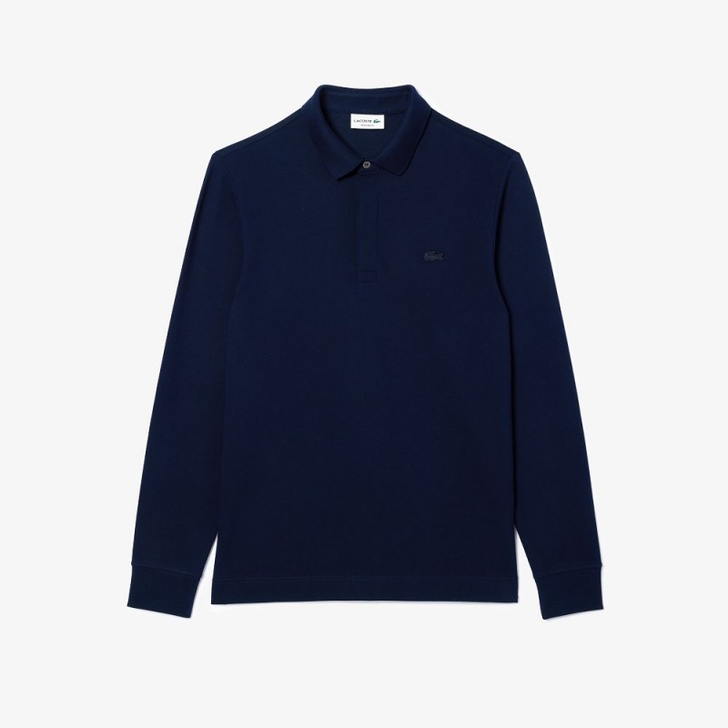 Men's Lacoste Smart Paris Long Sleeve Stretch Cotton Polo Shirts Navy Blue | ZIB907823