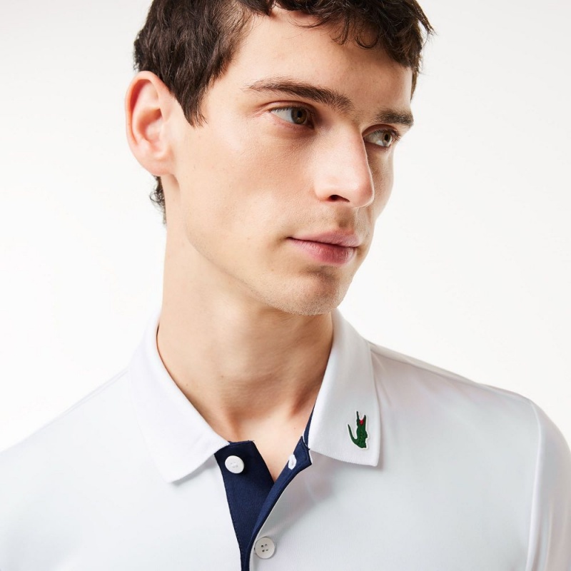 Men's Lacoste Sport Jersey Golf Polo Shirts White Navy Blue | UHX647890