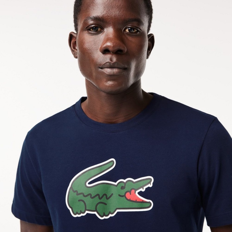 Men's Lacoste Sport Ultra-Dry Croc Print T-Shirt Navy Blue Green White | ZRI436257