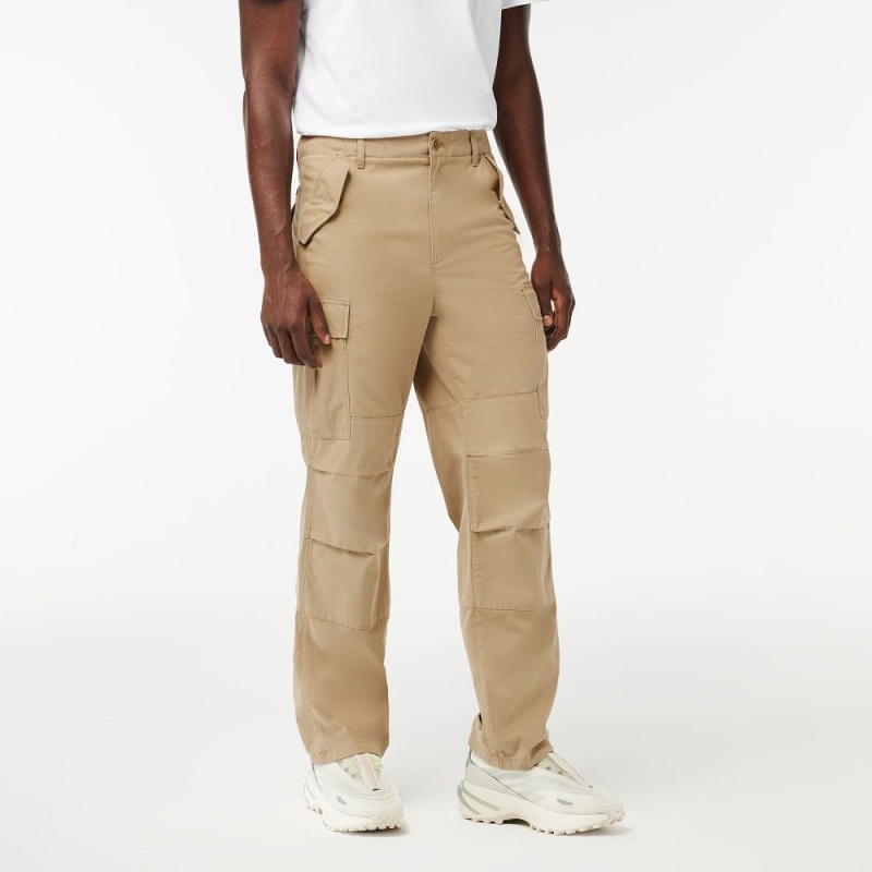 Men's Lacoste Straight Fit Cotton Cargo Pants Beige | HQF890614