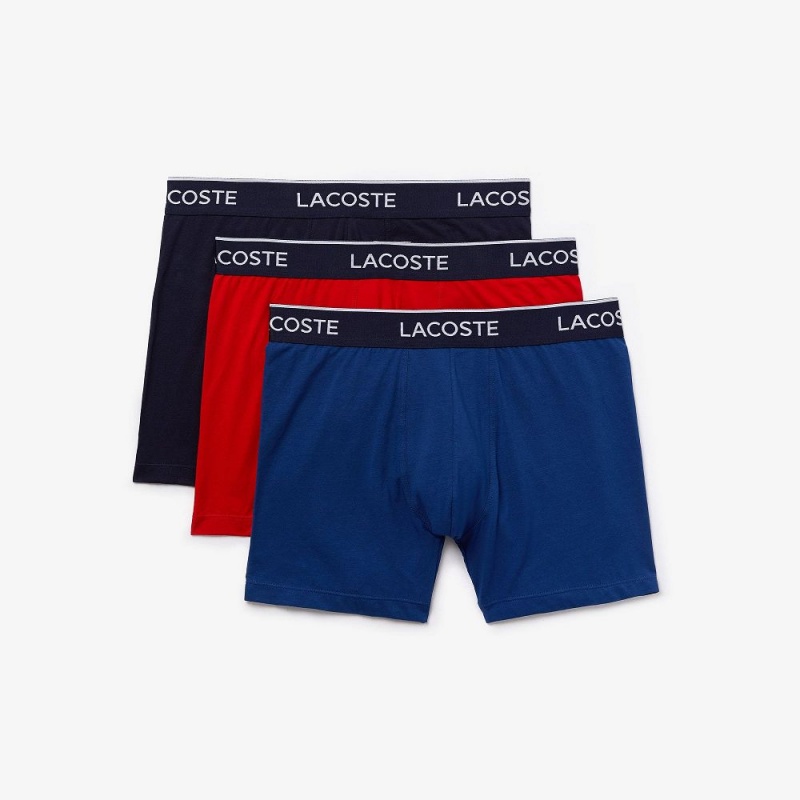 Men's Lacoste Stretch Cotton 3-Pack Boxer Briefs Navy Blue Red Navy Blue | EBV257308