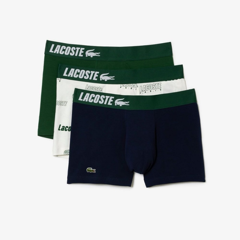 Men's Lacoste Stretch Cotton 3-Pack Trunks White Navy Blue Green | AXJ632185