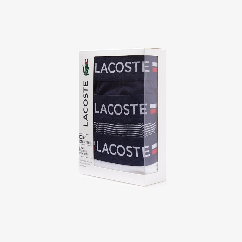 Men's Lacoste Stretch Cotton Jersey 3-Pack Boxer Briefs Navy Blue White | CSD523146