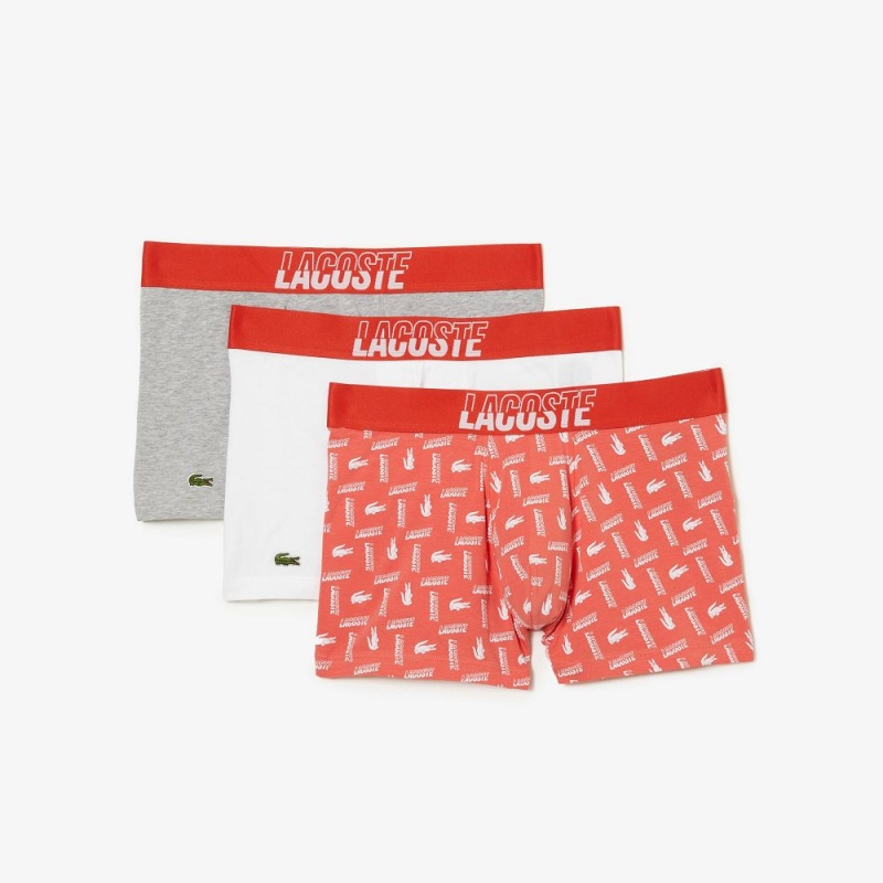 Men's Lacoste Stretch Cotton Printed 3-Pack Trunks Orange Grey Chine White | ZGW065437