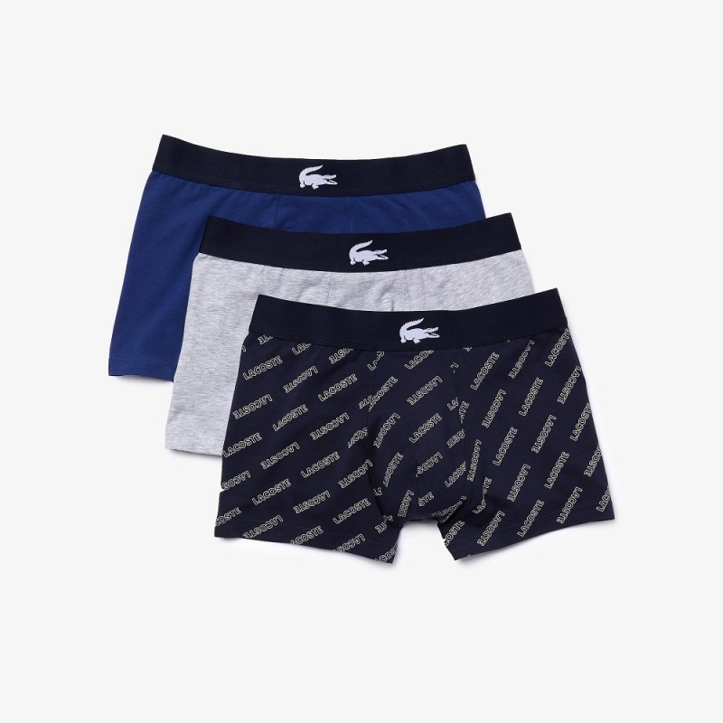 Men's Lacoste Stretch Cotton Trunk 3-Pack Trunks Navy Blue White Grey Chine Navy Blue | RNI529863