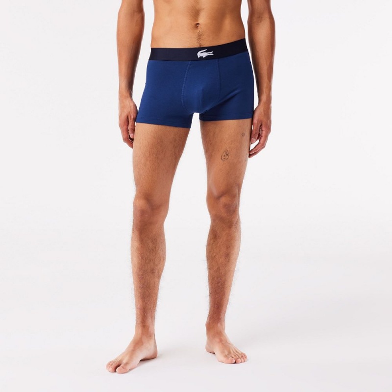 Men's Lacoste Stretch Cotton Trunk 3-Pack Trunks Navy Blue White Grey Chine Navy Blue | RNI529863