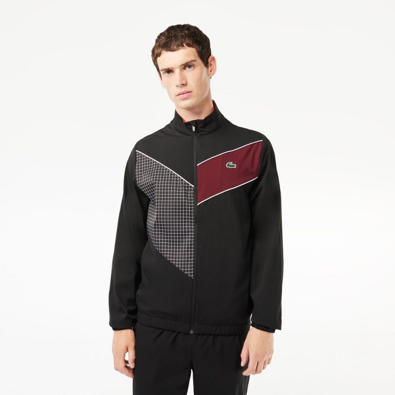 Men's Lacoste Stretch Fabric Tennis Tracksuits Black Orange Bordeaux White | UJA304895