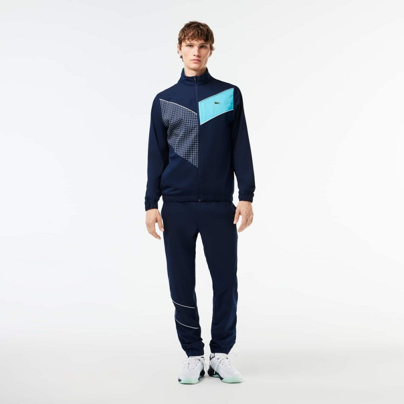 Men\'s Lacoste Stretch Fabric Tennis Tracksuits Navy Blue Blue White | ZHF127684