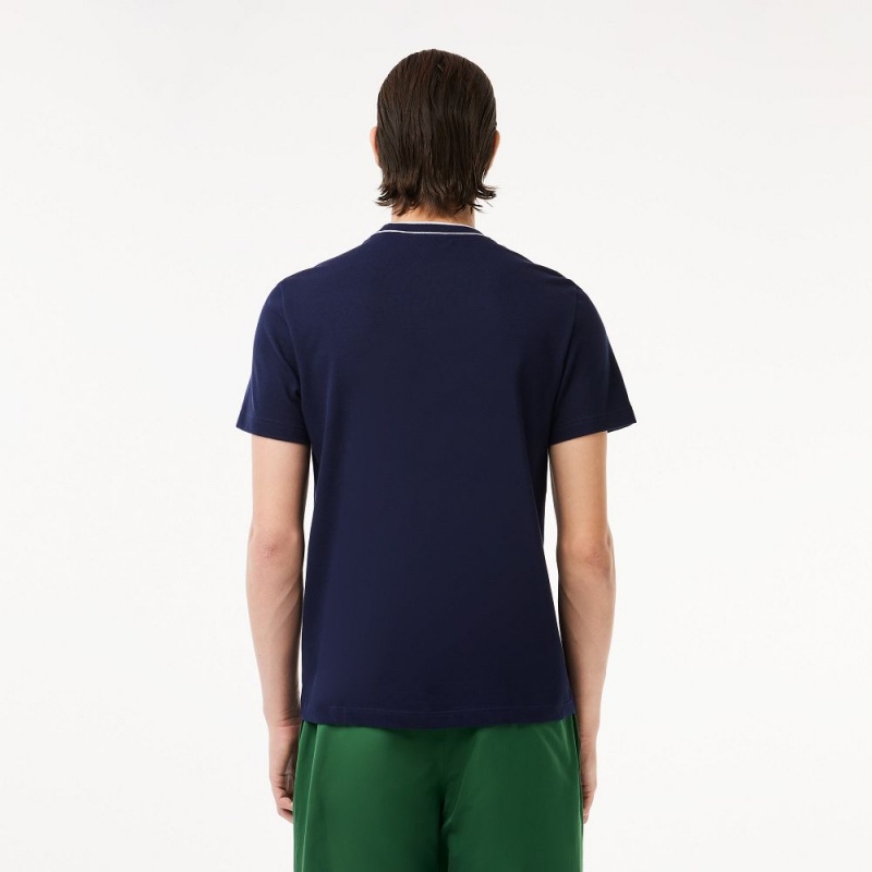 Men's Lacoste Stretch Piqué Stripe Collar T-Shirt Navy Blue | DWG315687