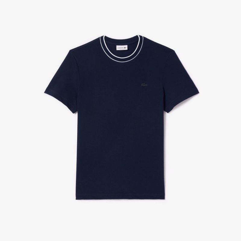 Men's Lacoste Stretch Piqué Stripe Collar T-Shirt Navy Blue | DWG315687