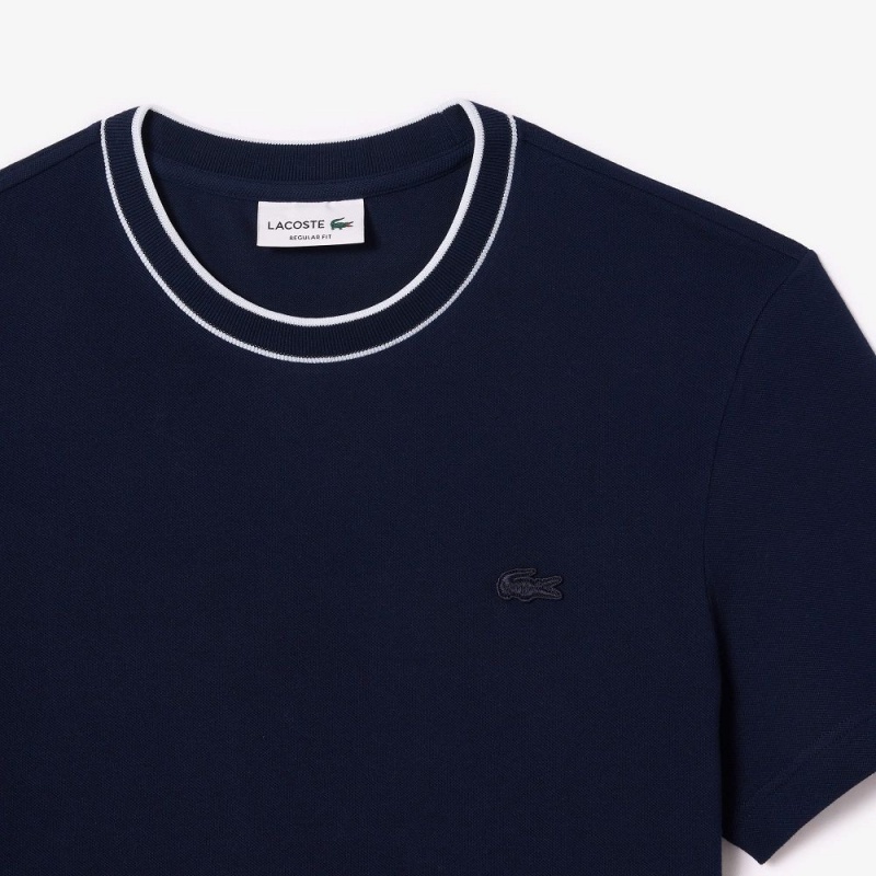 Men's Lacoste Stretch Piqué Stripe Collar T-Shirt Navy Blue | DWG315687