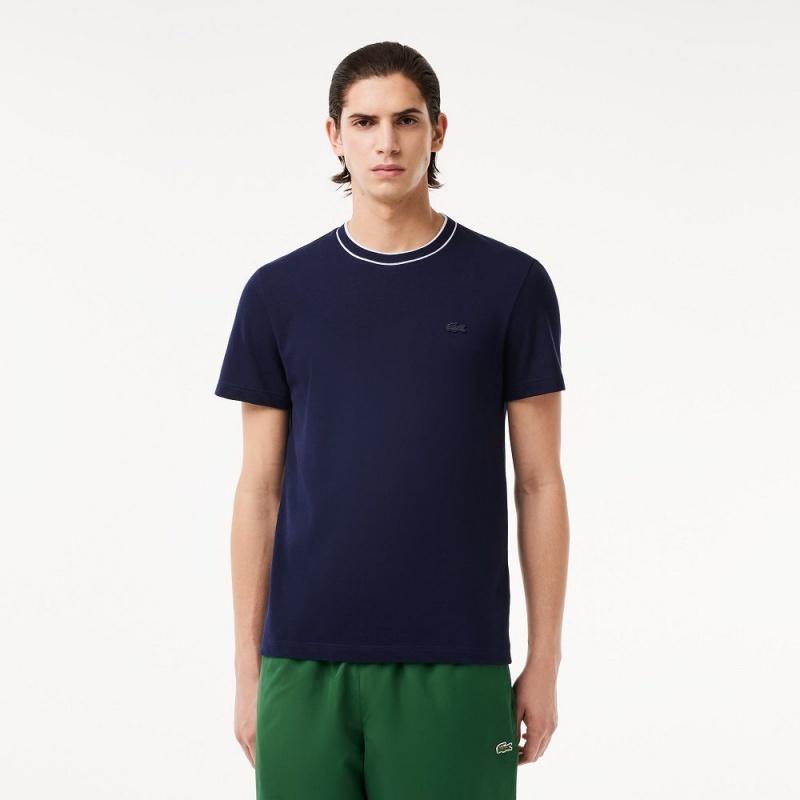 Men\'s Lacoste Stretch Piqué Stripe Collar T-Shirt Navy Blue | DWG315687