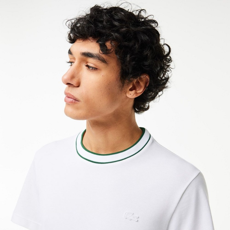 Men's Lacoste Stretch Piqué Stripe Collar T-Shirt White | ZLK769831