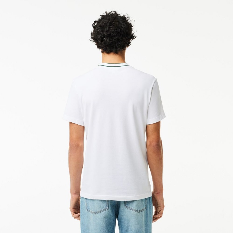 Men's Lacoste Stretch Piqué Stripe Collar T-Shirt White | ZLK769831