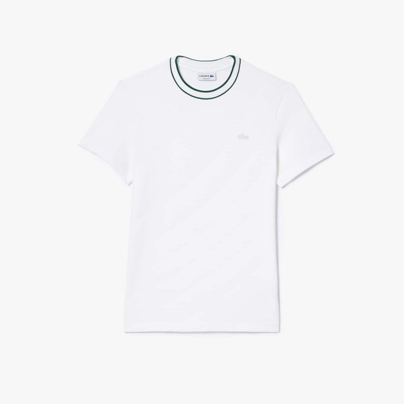 Men's Lacoste Stretch Piqué Stripe Collar T-Shirt White | ZLK769831