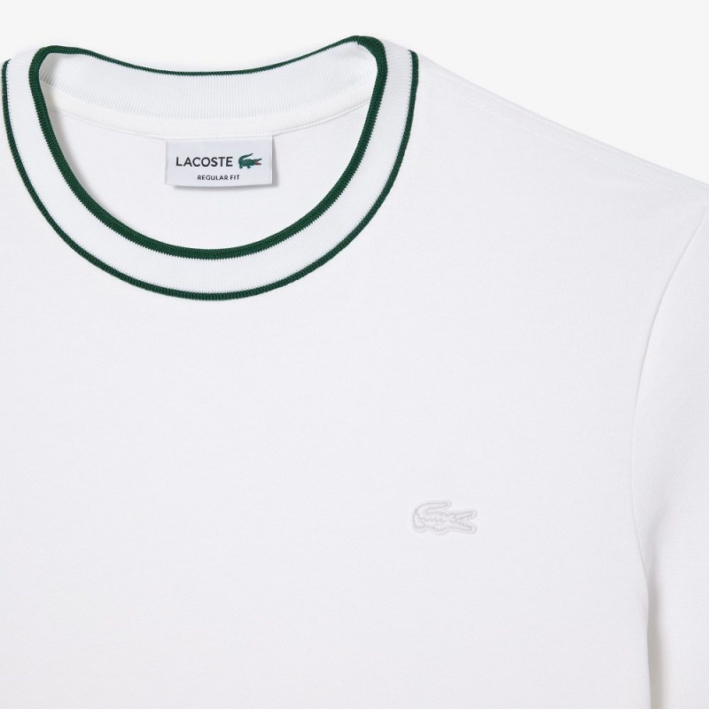 Men's Lacoste Stretch Piqué Stripe Collar T-Shirt White | ZLK769831