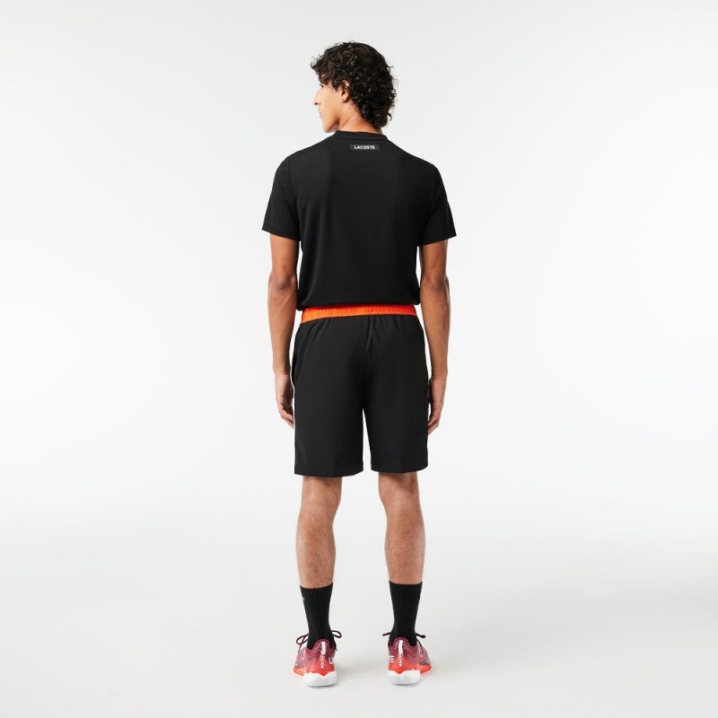 Men's Lacoste Stretch Tennis Shorts Black Orange | OPA268517