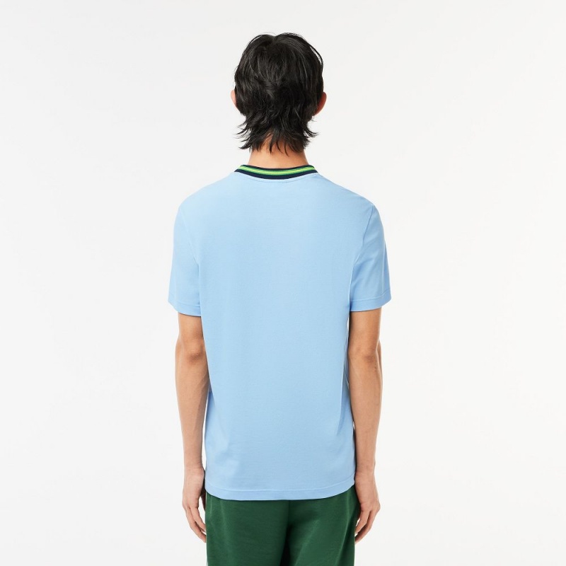 Men's Lacoste Stripe Collar Stretch Piqué T-Shirt Pastel blue | VFN718395