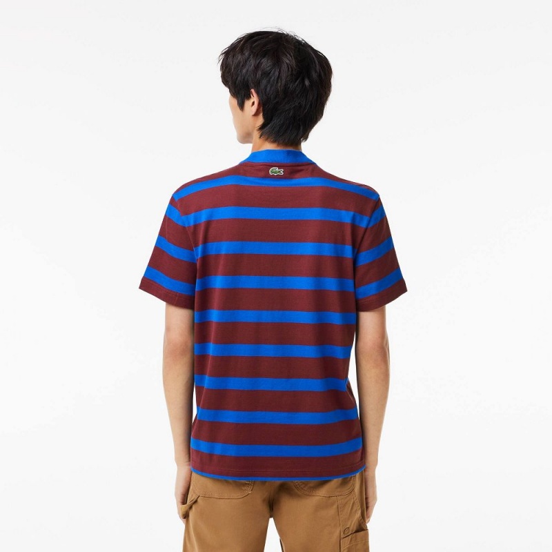 Men's Lacoste Striped 3D Print Cotton T-Shirt Bordeaux Blue | BJZ036758