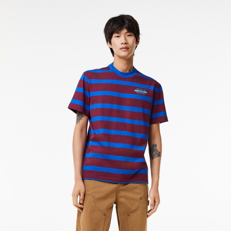 Men\'s Lacoste Striped 3D Print Cotton T-Shirt Bordeaux Blue | BJZ036758