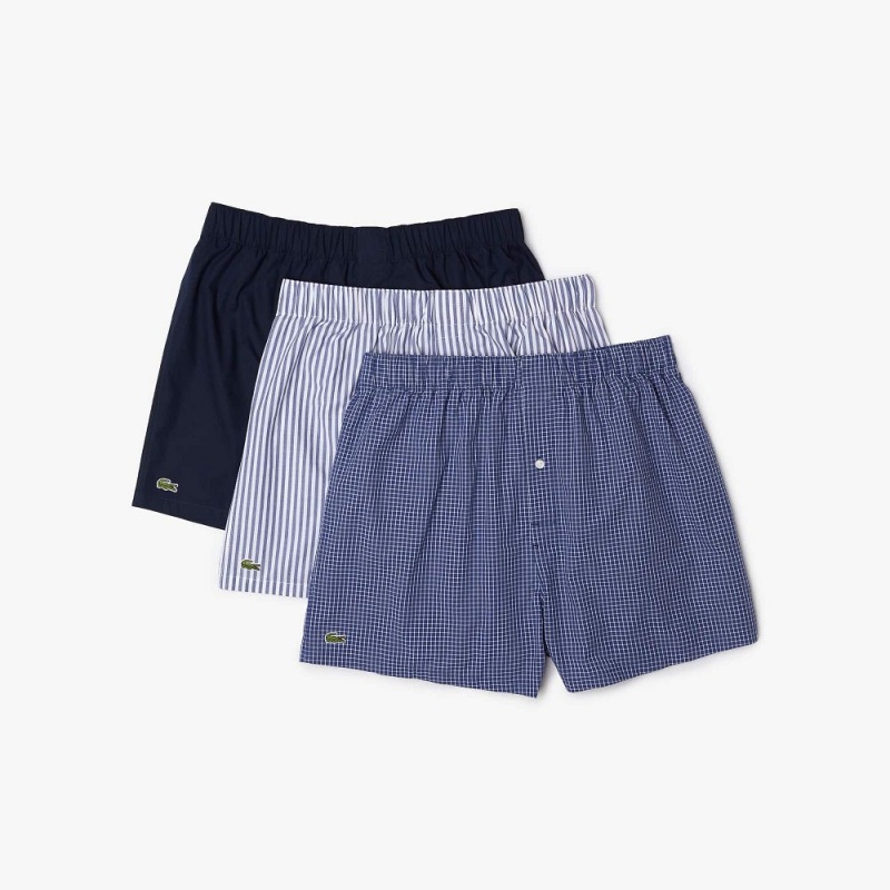 Men's Lacoste Striped 3-Pack Boxer Briefs Navy Blue White Blue | HEX908671