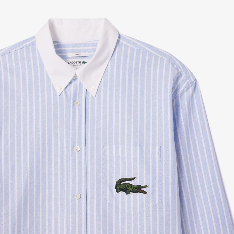 Men's Lacoste Striped Contrast Collar Cotton Oxford Shirt Blue White | QCT953410