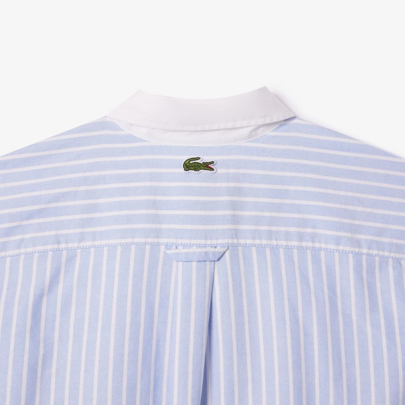 Men's Lacoste Striped Contrast Collar Cotton Oxford Shirt Blue White | QCT953410