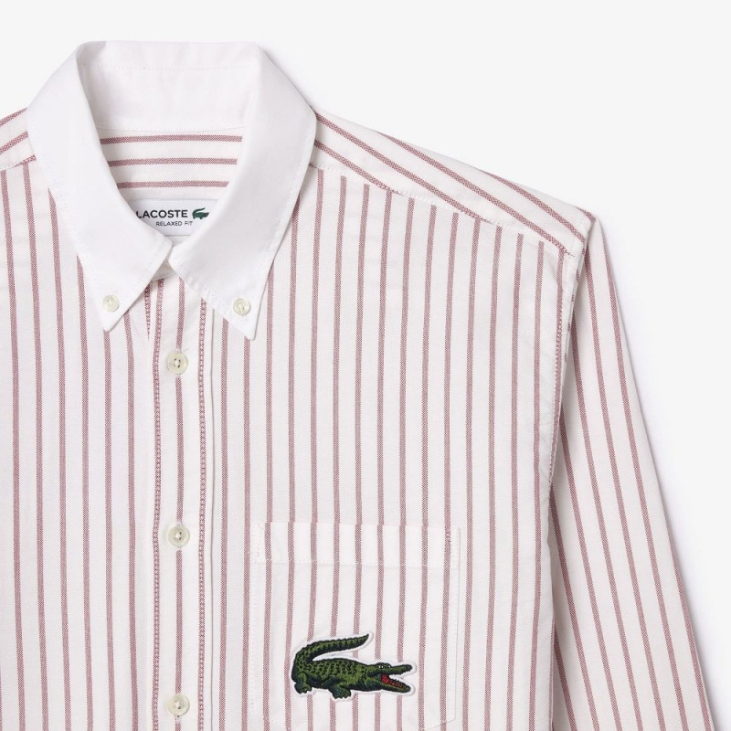 Men's Lacoste Striped Contrast Collar Cotton Oxford Shirt Bordeaux White | SGD730921