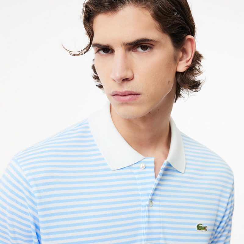 Men's Lacoste Striped Cotton Polo Shirts White Blue | CIV065839