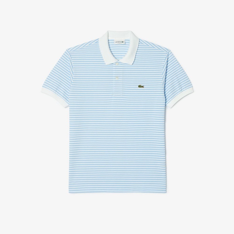 Men's Lacoste Striped Cotton Polo Shirts White Blue | CIV065839