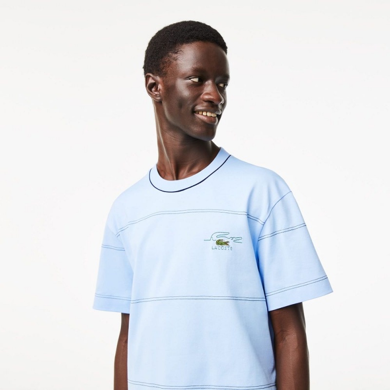 Men's Lacoste Striped Organic Cotton Jersey T-Shirt Pastel blue | RHP209654